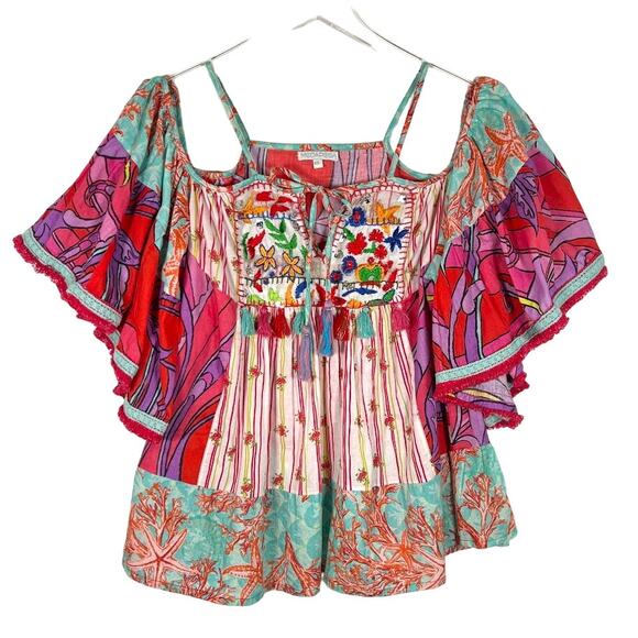 Modaposa Women's Vibrant Cold Shoulder Top XS Pink Blue Embroidered Boho Summer - Picture 3 of 8
